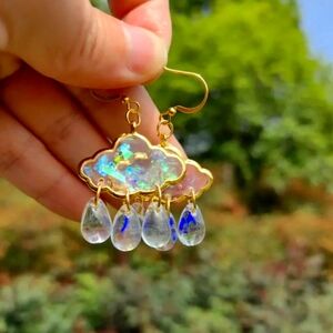 Gold and Glass Iridescent Raincloud Earrings